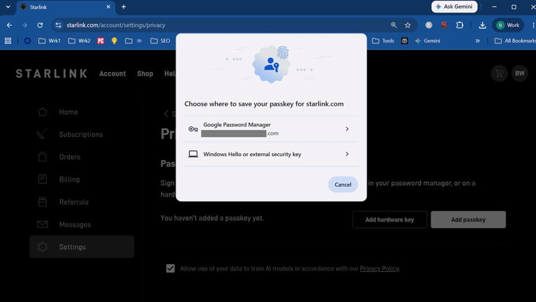 Starlink now supports passkeys for logins