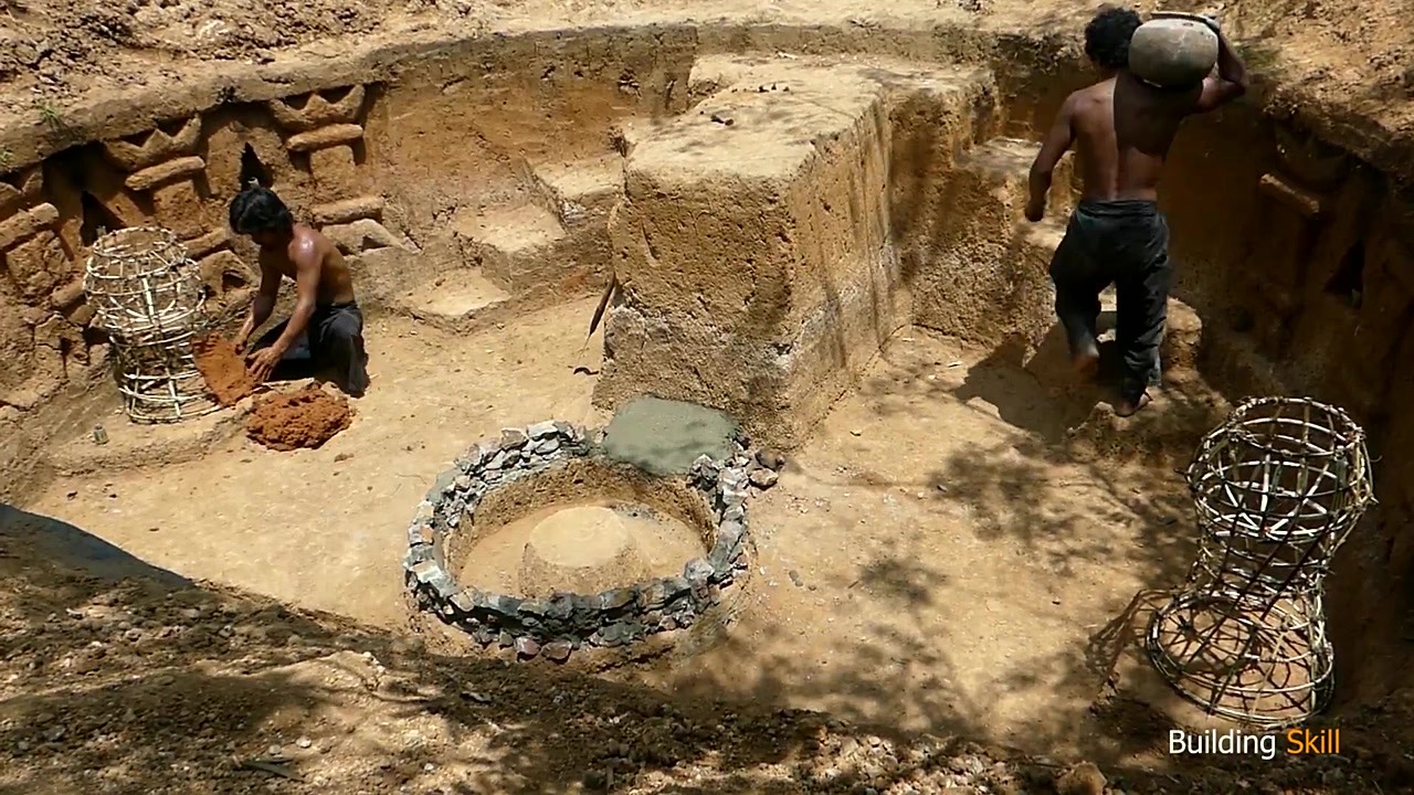 Turning bare soil into an underground stone fish pond by hand