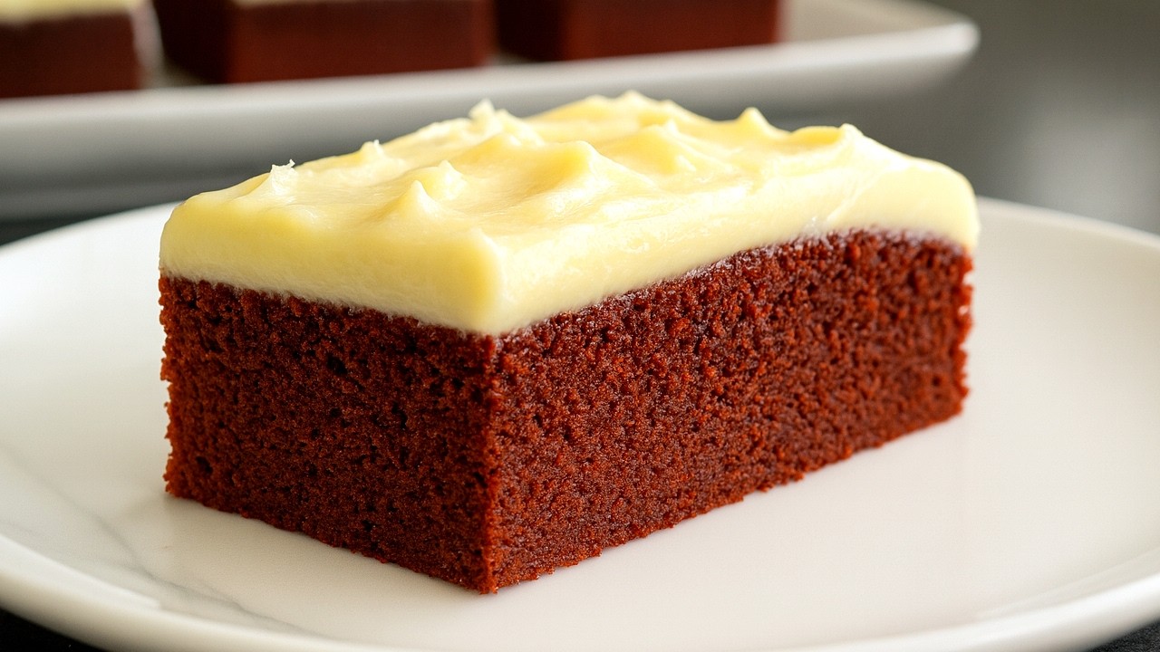 Fudgy red velvet brownie cake with creamy cream cheese topping