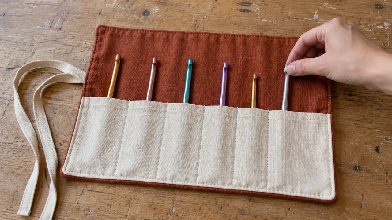 How to stitch a fabric roll to keep crochet hooks in order
