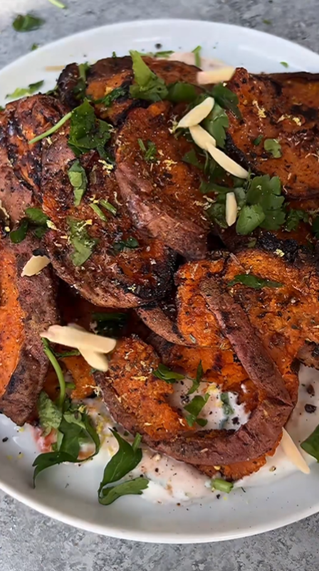 Honey chili butter smashed sweet potatoes with crispy edges