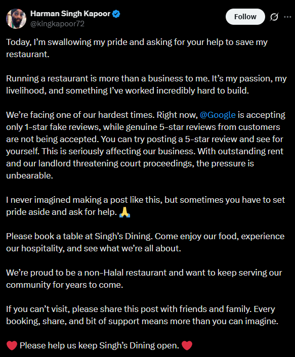 Sikh chef of non-halal London restaurant says eatery facing shutdown ...