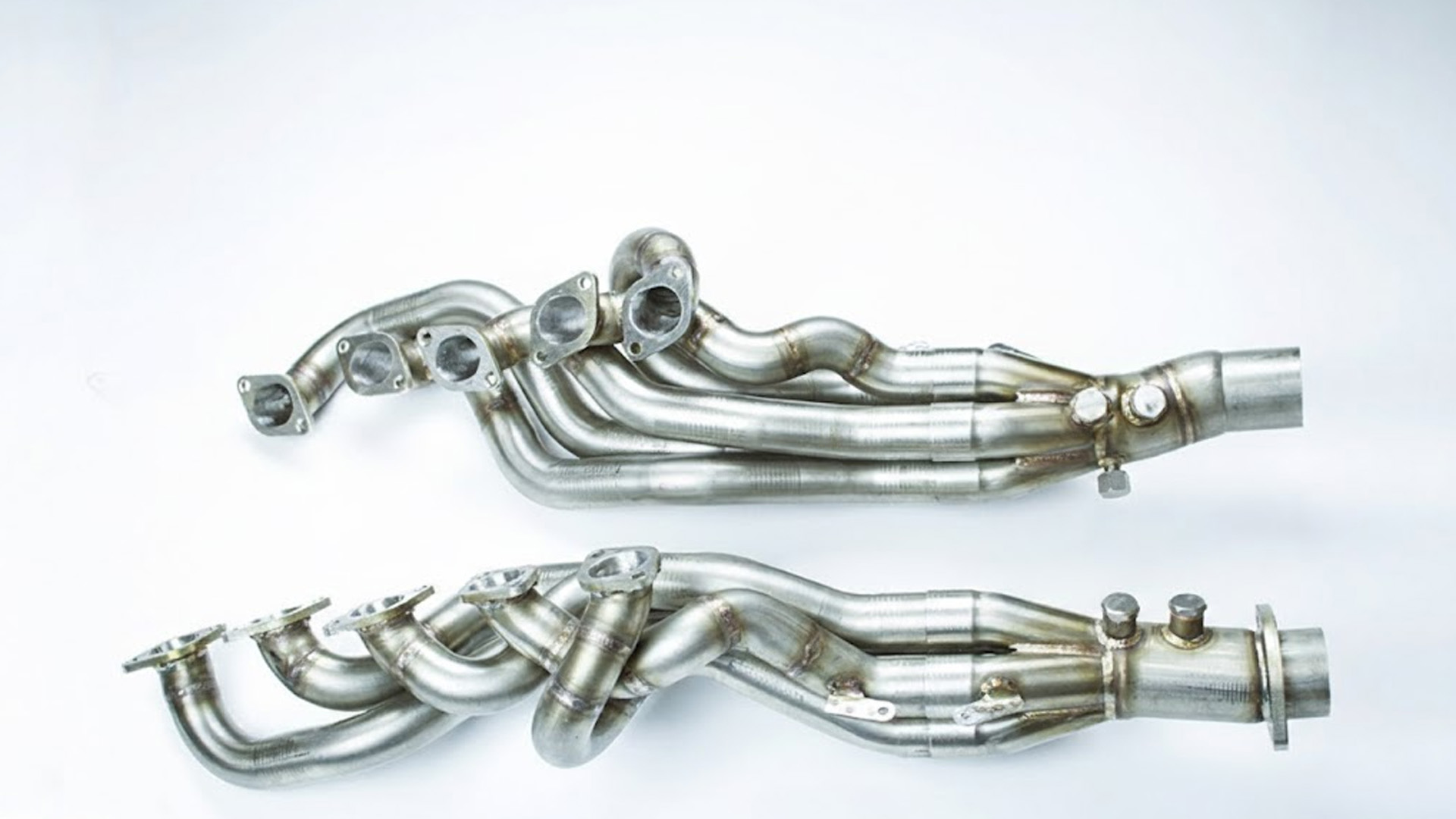 BMW S85 V10 long tube exhaust headers show their stainless steel design