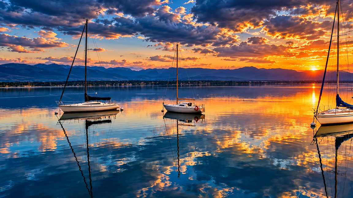 A peaceful sunset over beautiful sailboats and mountain reflections