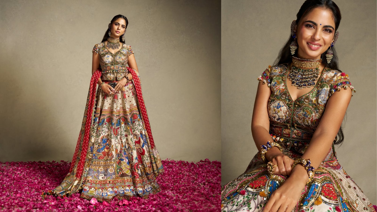 Isha Ambani’s hand-painted lehenga choli narrates Radha-Krishna raas in ...