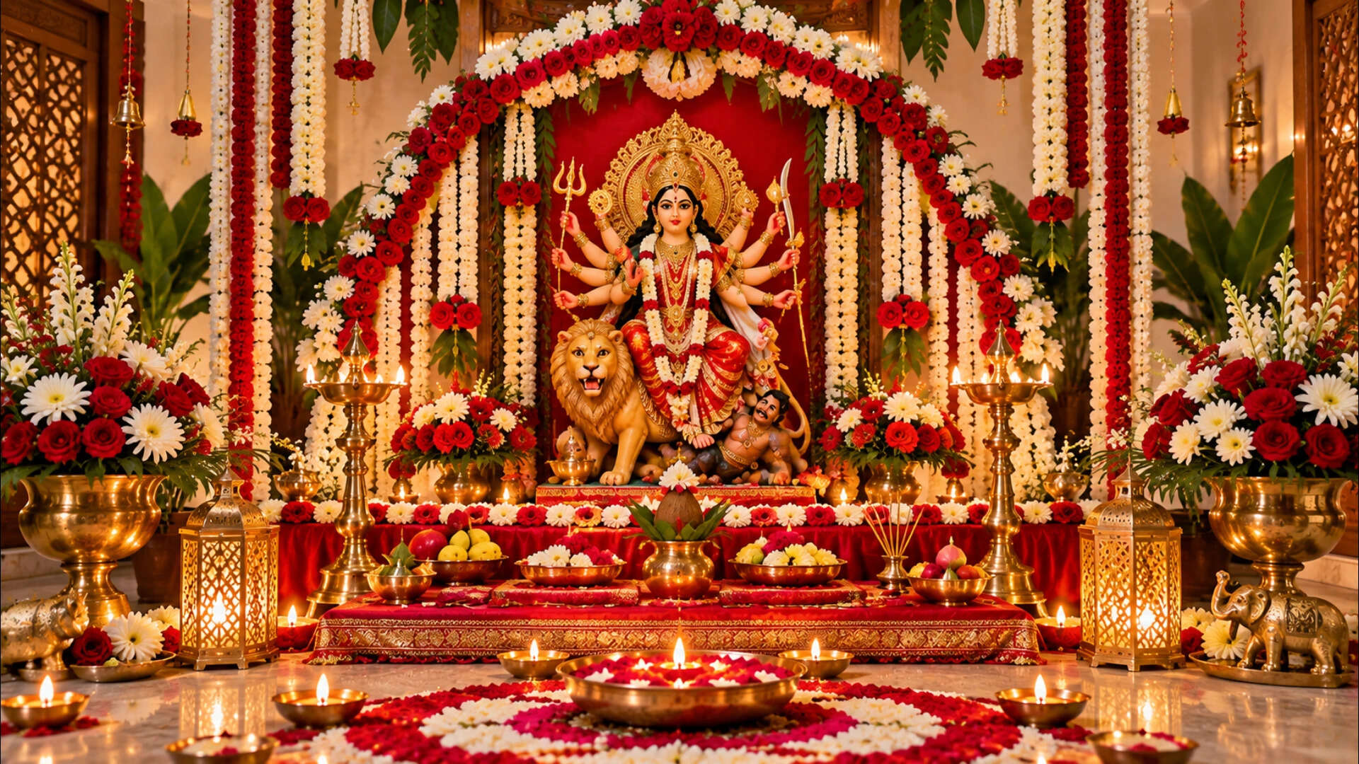 Durga Puja altar decoration ideas with red and white flowers for Navratri