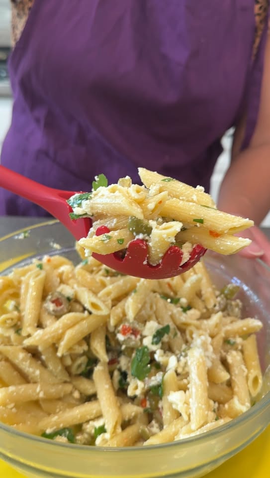 Dirty martini pasta with olives, lemon, and feta