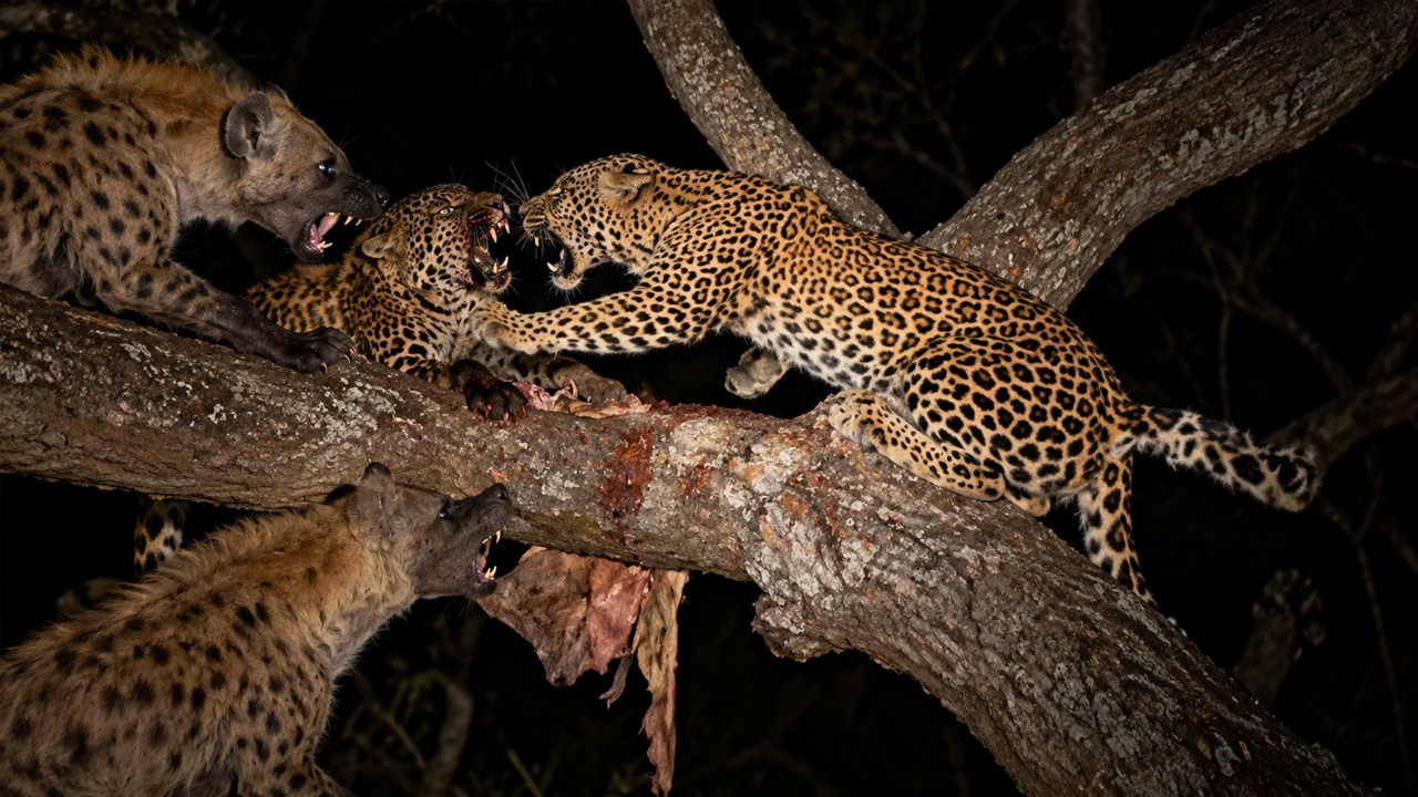 Leopard vs leopard vs hyenas over food