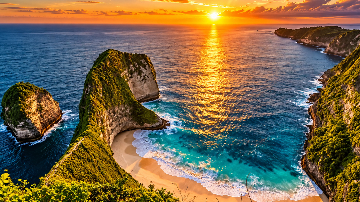 Kelingking Beach Bali's iconic cliff and breathtaking ocean sunset
