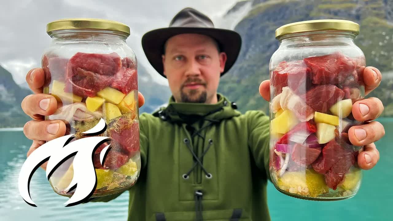 He found some jars in the middle of nowhere and decided to cook meat ...