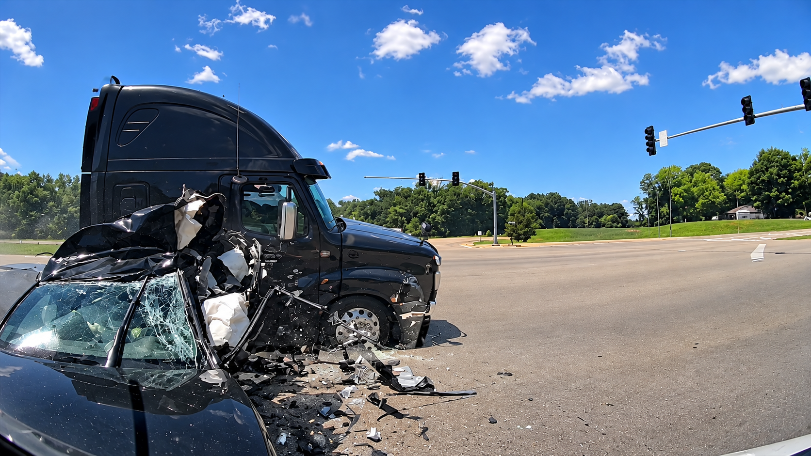 Bobtail driver hits the car at the intersection - then lights on fire