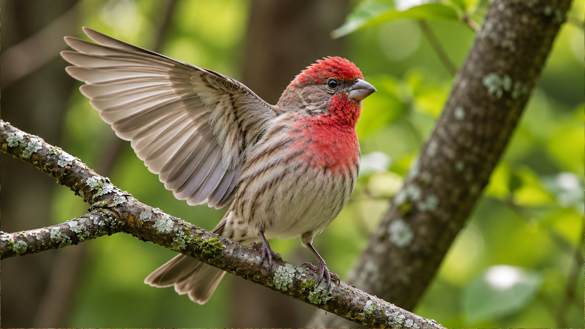 A hidden camera caught the moment this rosefinch opened its wings
