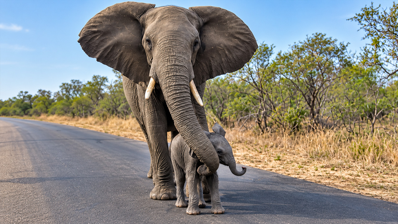 Mother elephant keeps her calf away from tourists