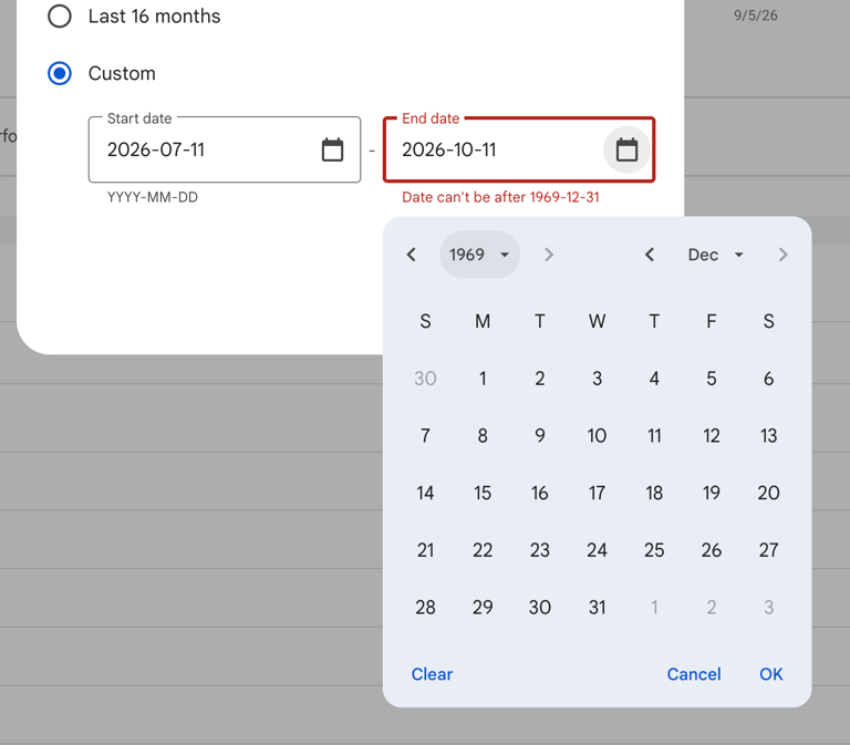 Google Search Console reporting date selector is broken
