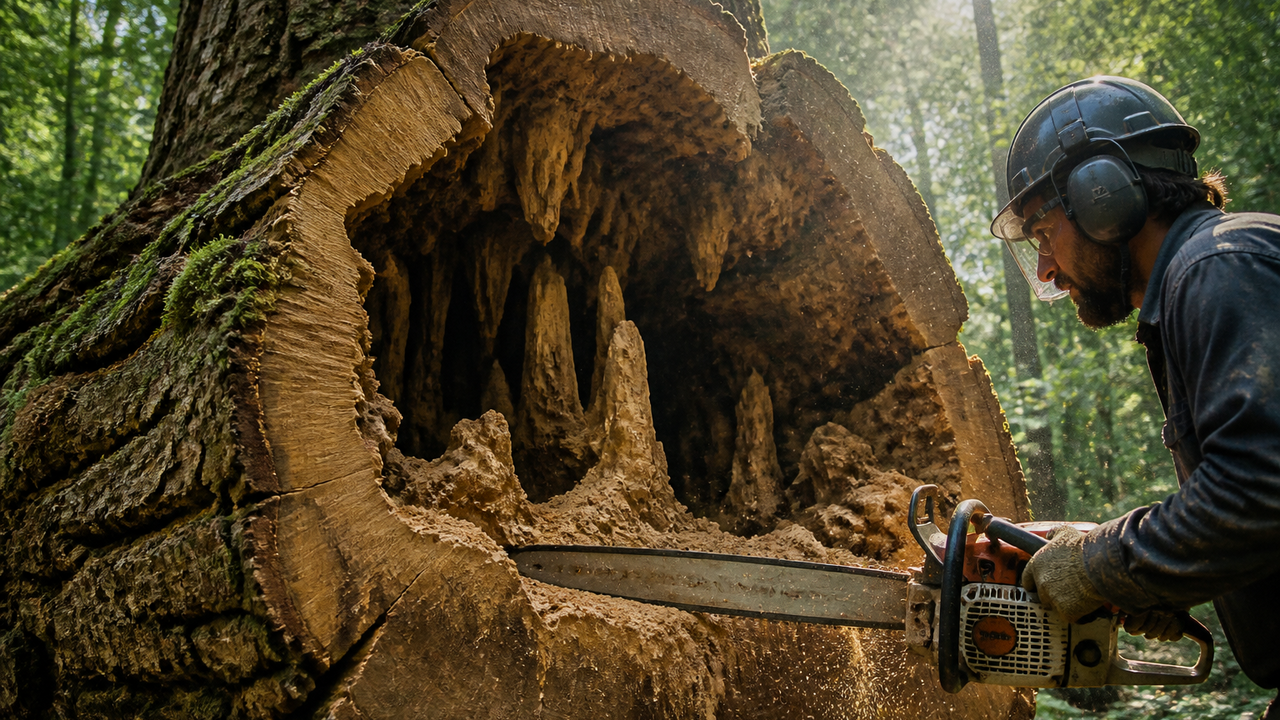 300-year-old tree is cut open to reveal what three centuries hid inside