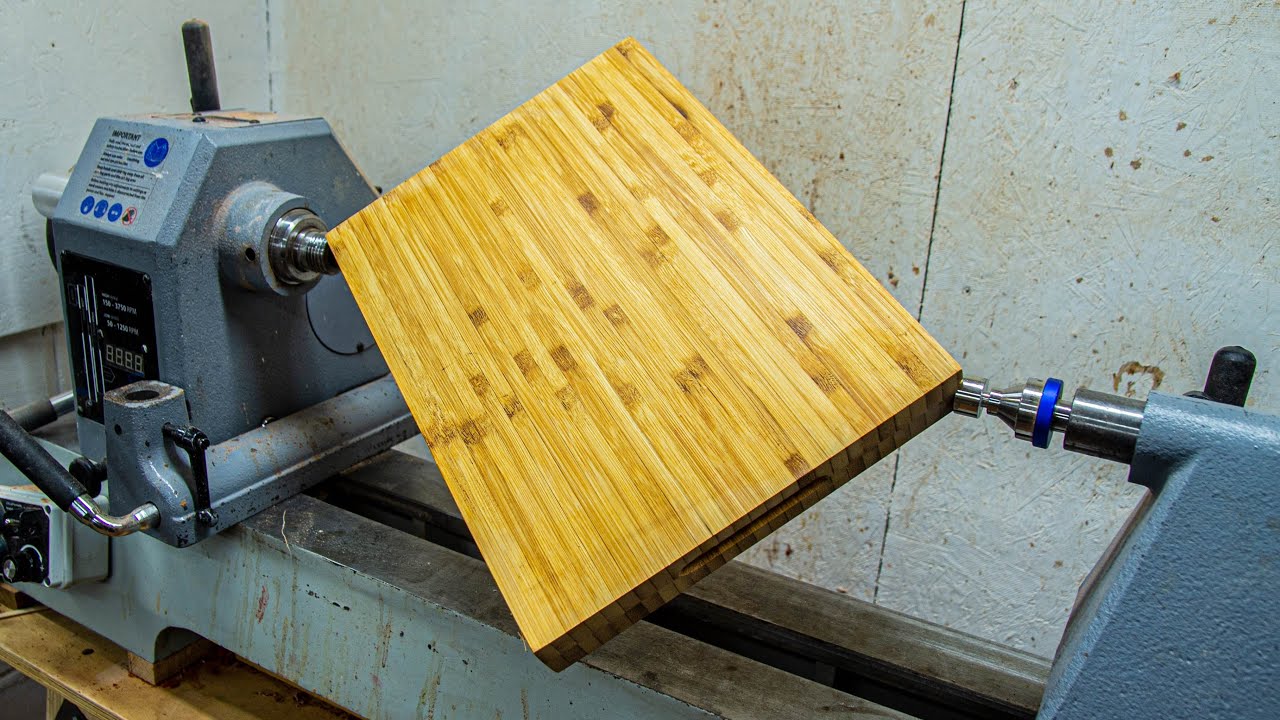 Woodturning a bamboo cutting board into a deep salad bowl!