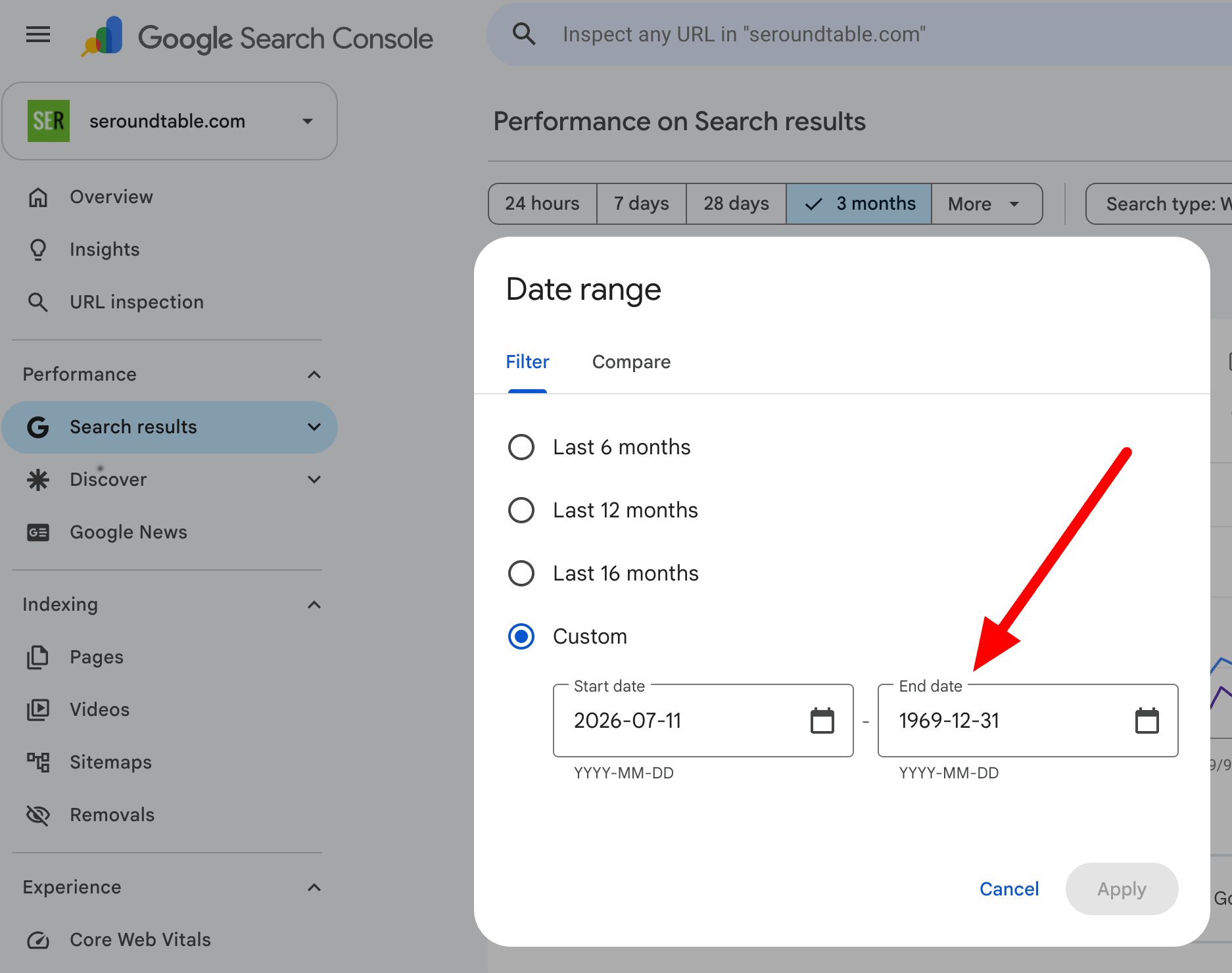 Google Search Console reporting date selector is broken