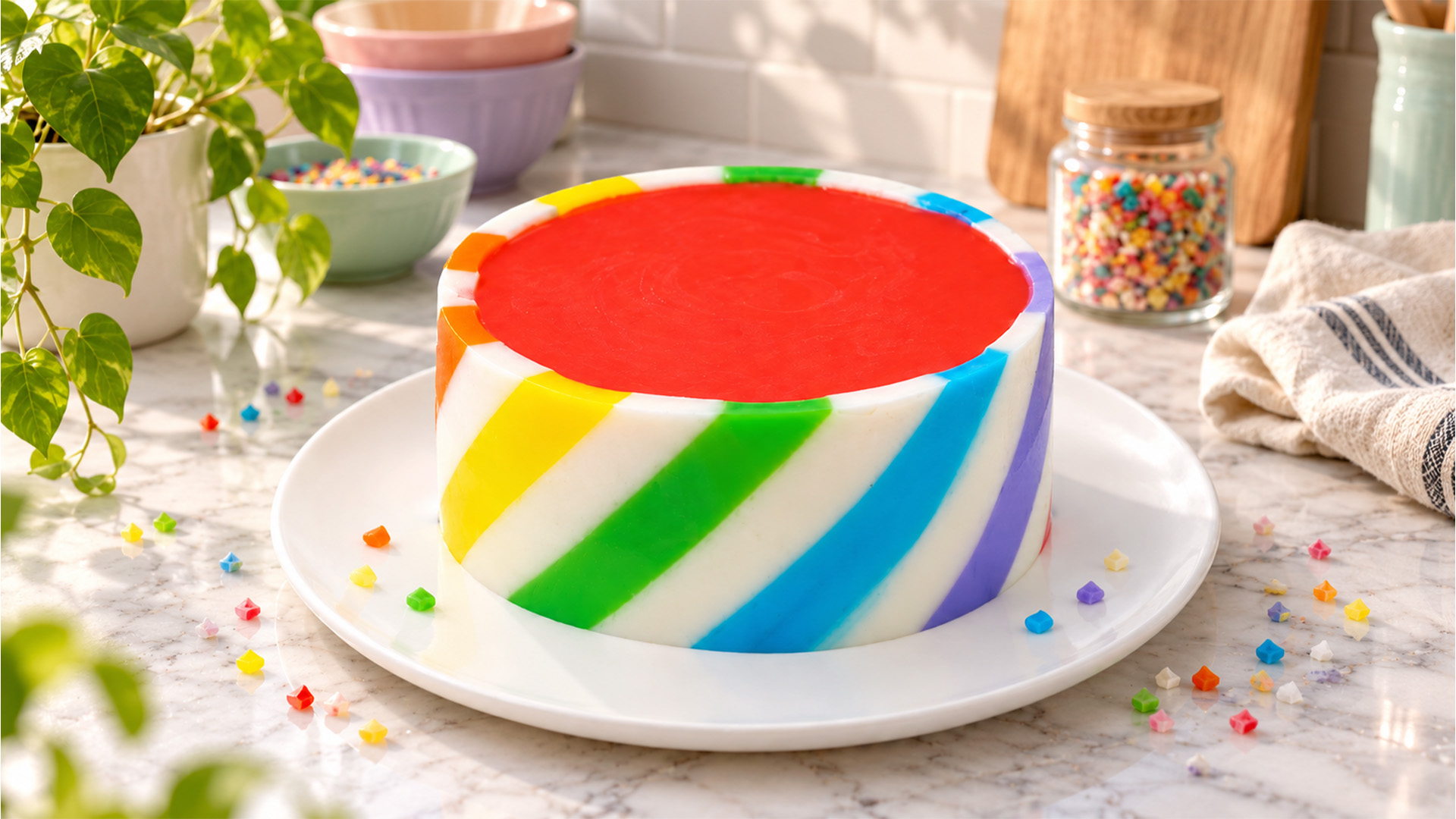 Rainbow mousse cake with red jelly centre