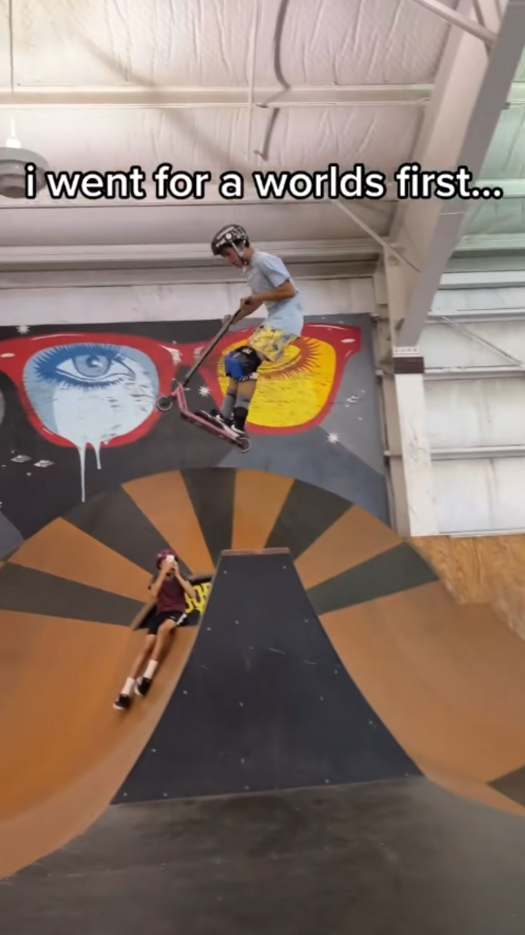 Attempting a never before seen freestyle scooter trick at the skatepark