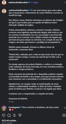 Nota equipe de Netinho. Foto: Reprodução Instagram/@netinhooficialbrasileiro Nota equipe de Netinho