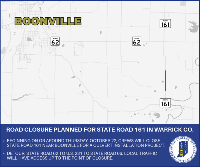Road closure planned for State Road 161 in Warrick County
