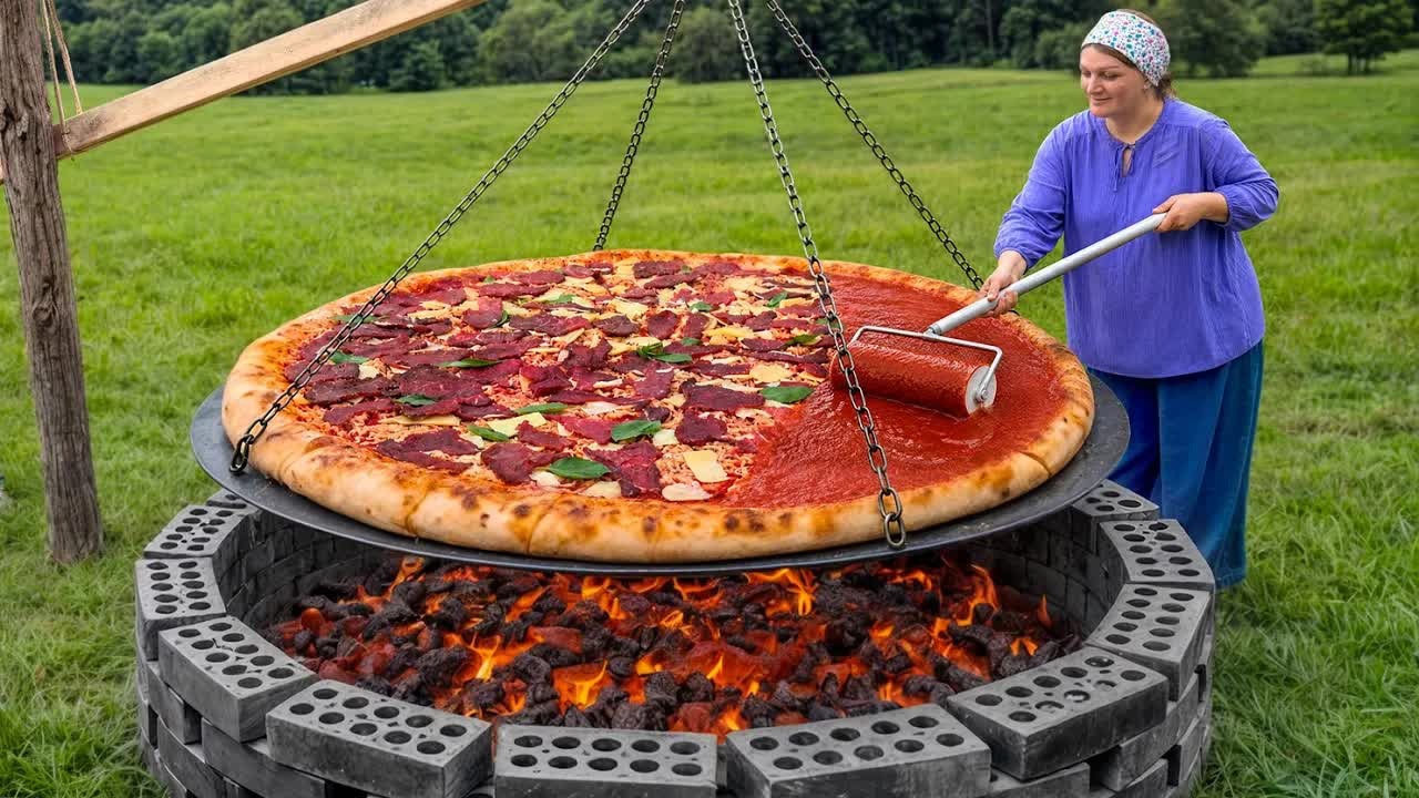 How a giant village pizza is cooked over wood fire in the faraway mountains