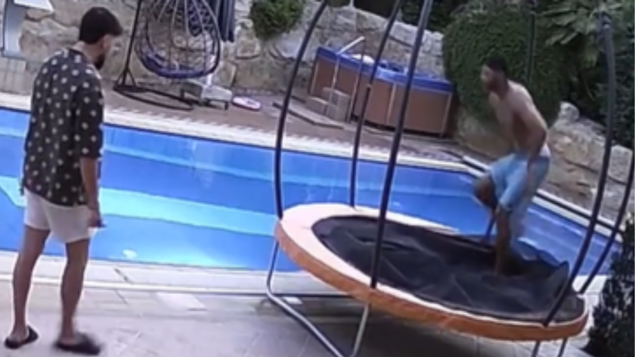 Child takes a dive into pool following trampoline mishap