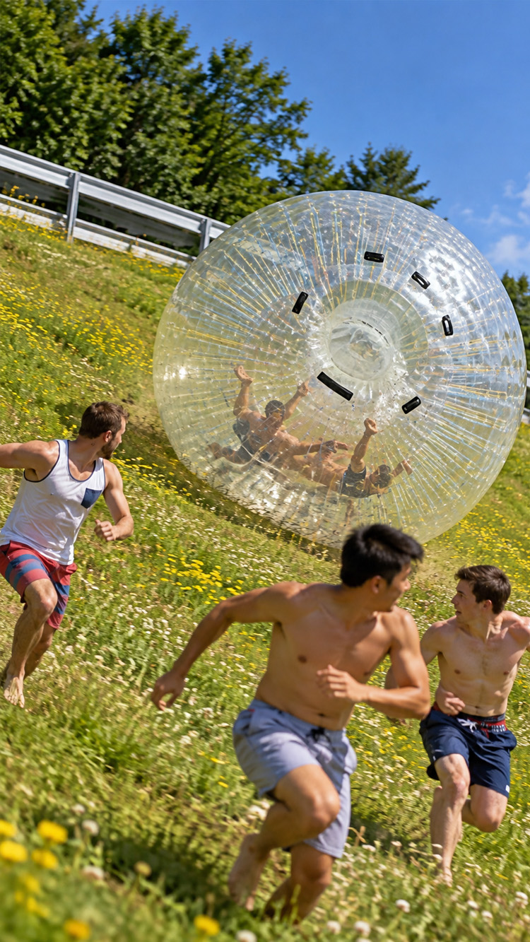 Everyone gets crushed by a giant inflatable ball