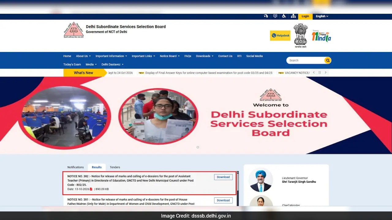 Delhi Subordinate Services Selection Board primary teacher marks 2026 ...