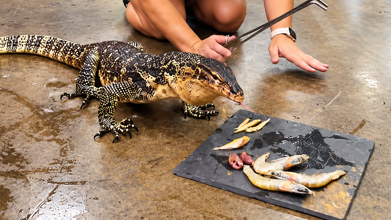 Rescued Asian water monitor gets its first meat buffet