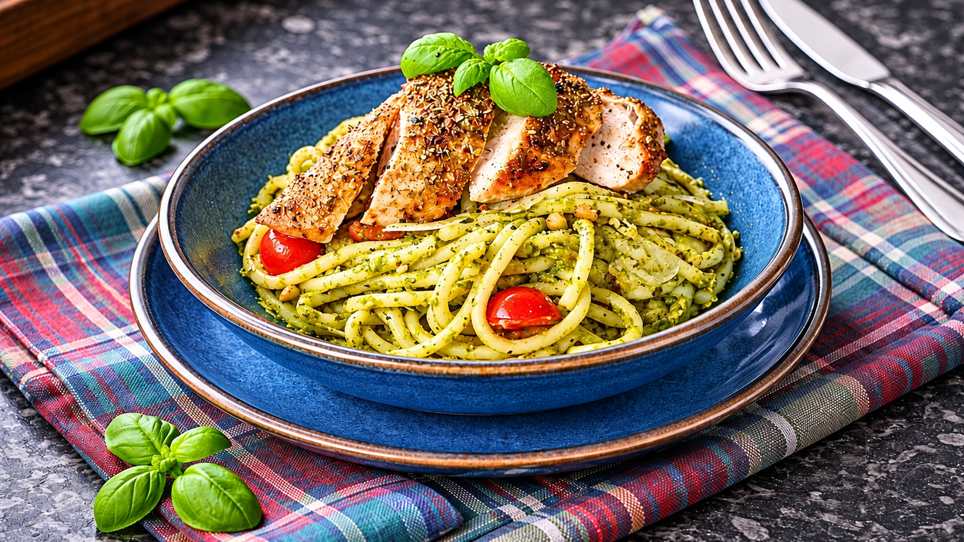 Transforming fresh basil leaves into classic pesto pasta