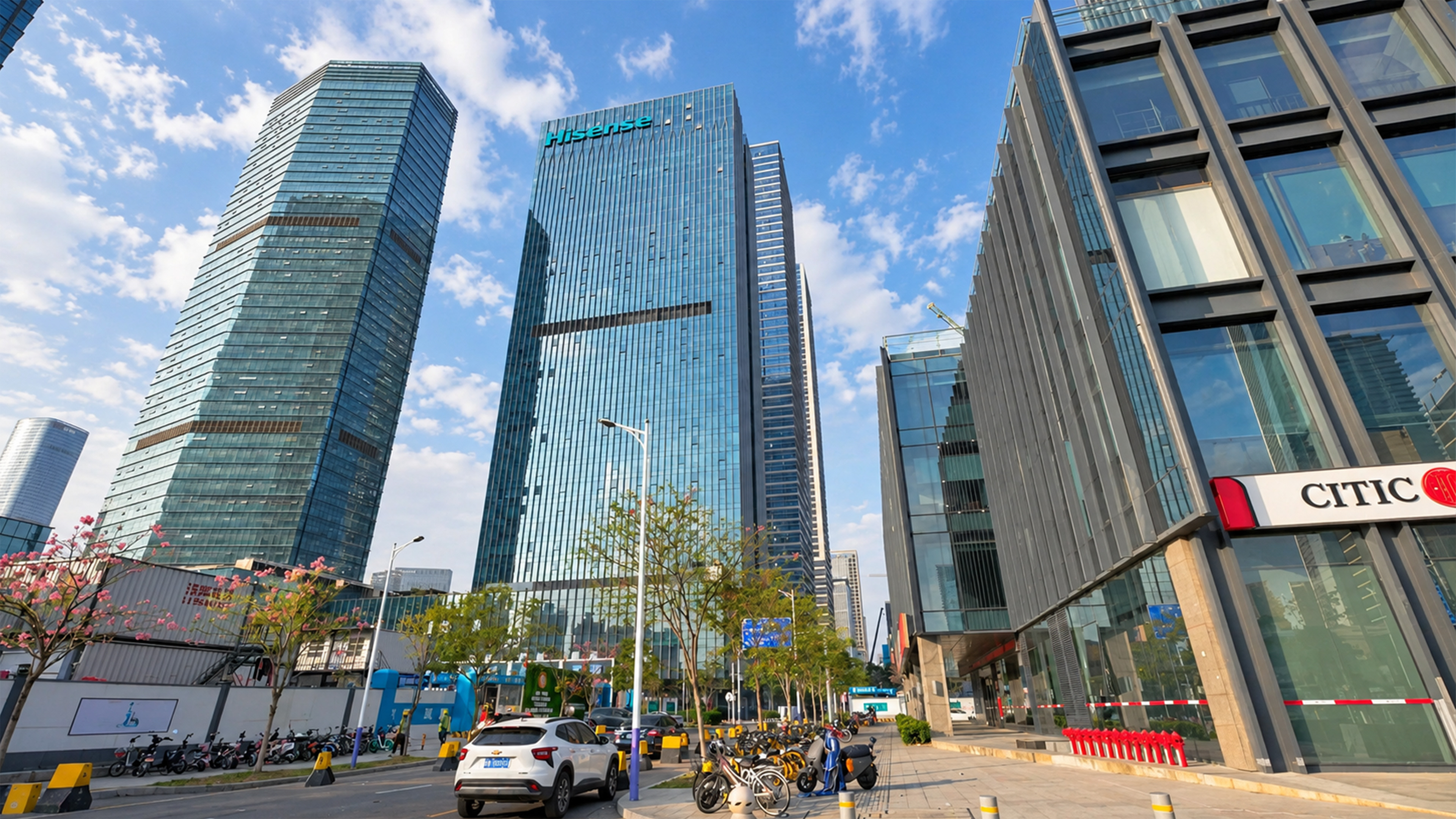 Giant office towers surround this everyday street in China