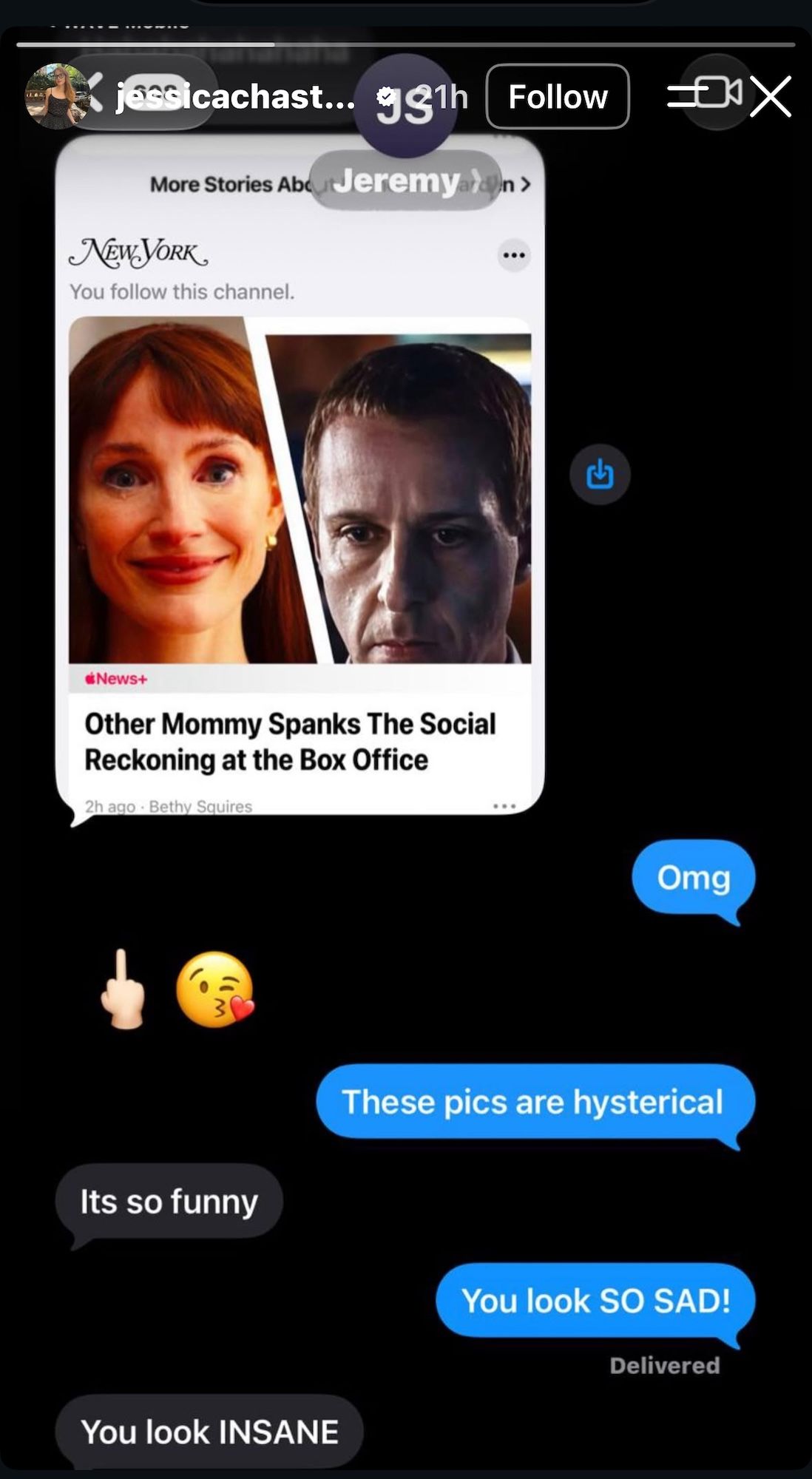 The funny text Jeremy Strong sent Jessica Chastain after other mommy ...