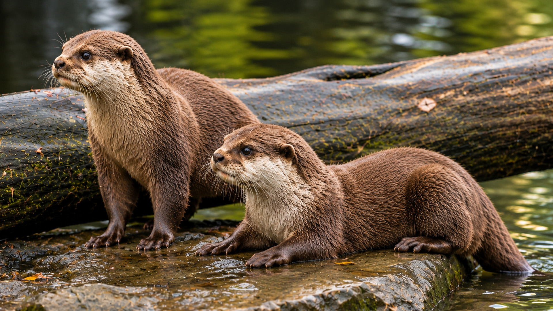 Two otters emerged from the water and paused at the same spot