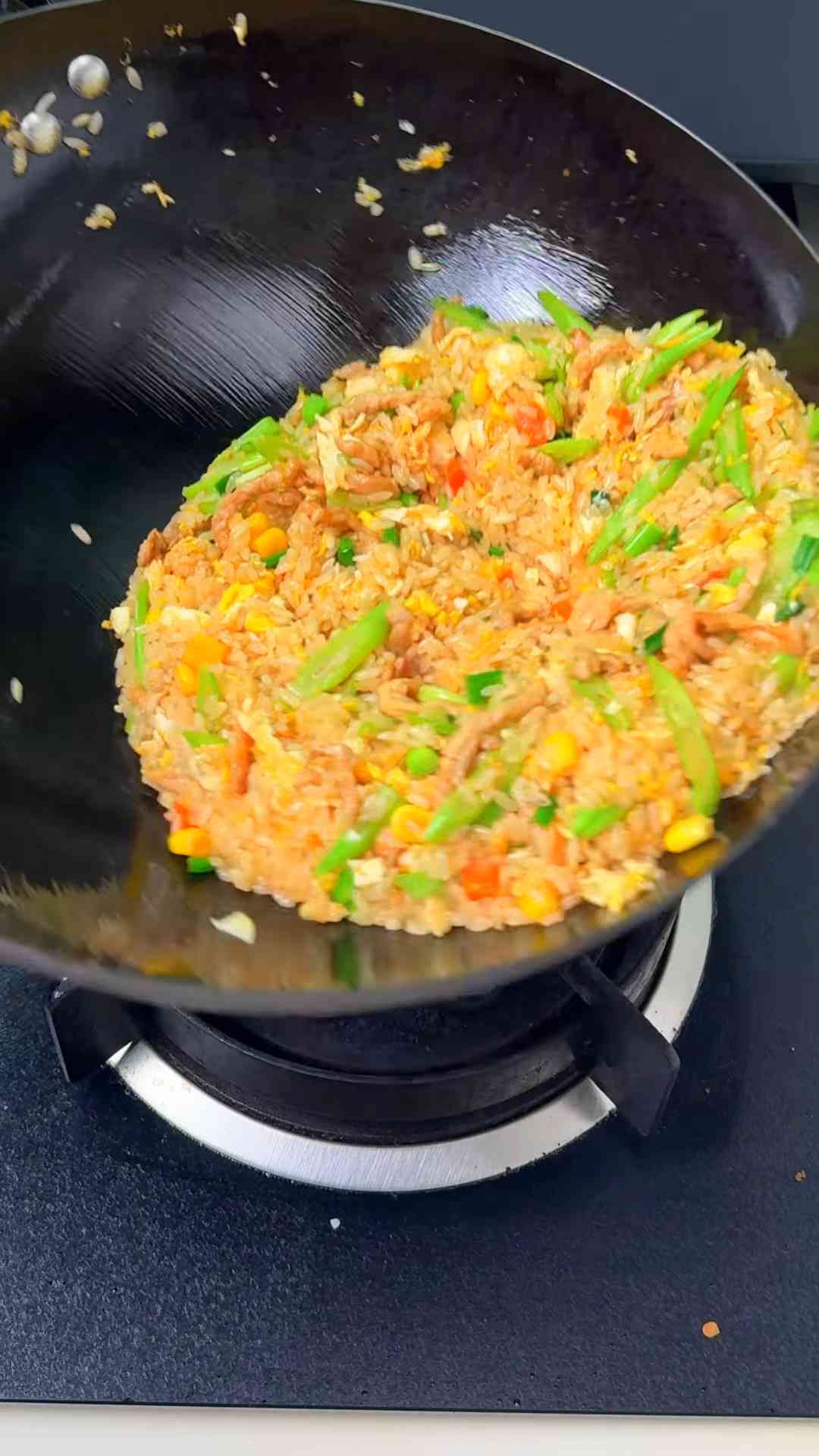 Green bean pork fried rice with a crispy wok finish