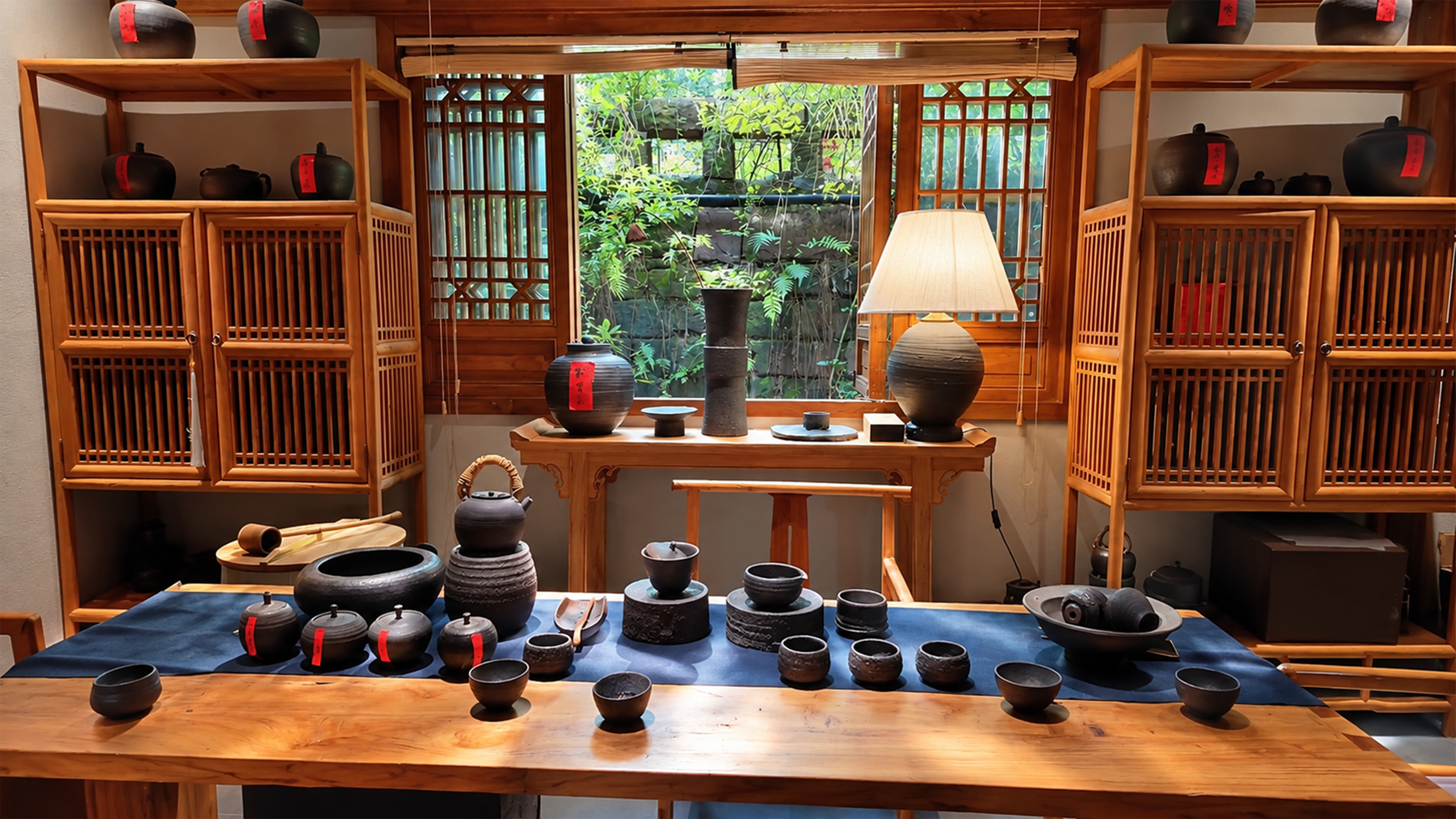 Traditional China tea ware fills this warm wooden interior