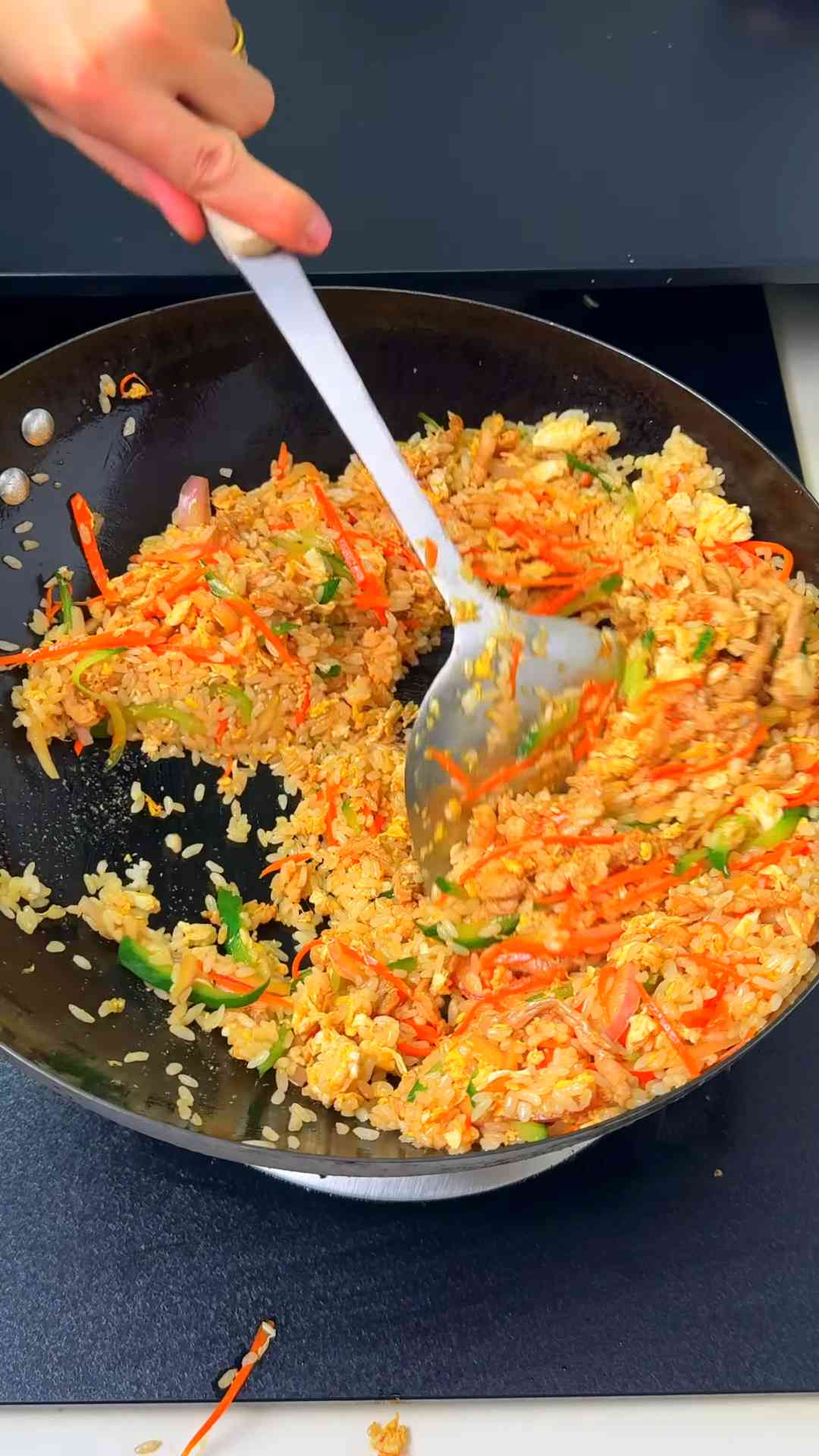 Rainbow pork fried rice with a crispy egg secret