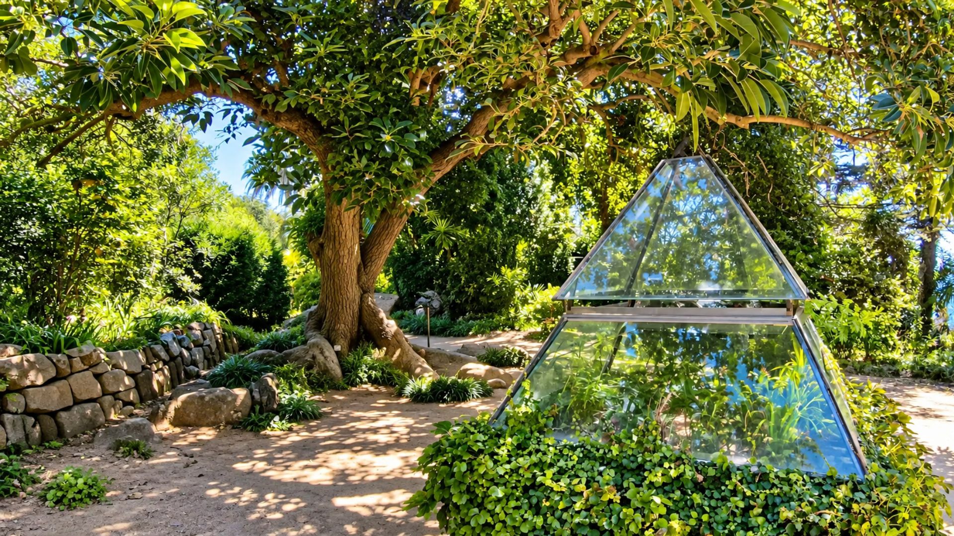 A glass pyramid hidden among trees at Marimurtra Botanical Garden (4K)