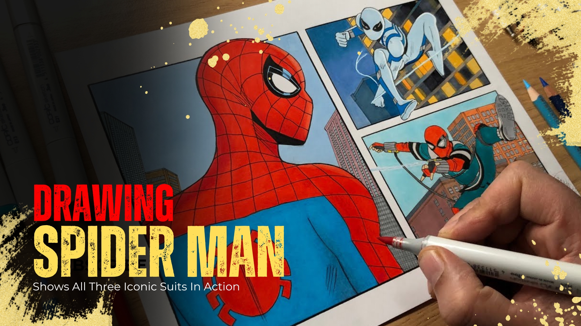 Spider-Man drawing shows all three iconic suits in action