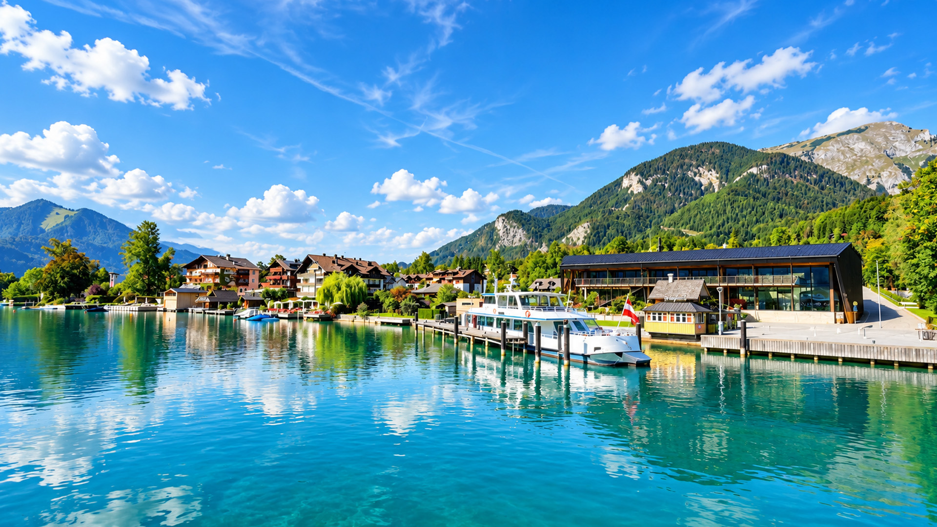 Sailing across Wolfgangsee beneath Austria's alpine mountains