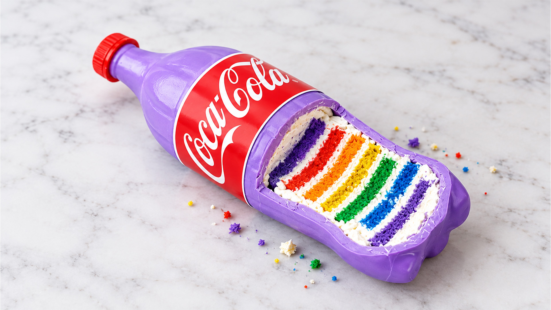 Rainbow layer cake inside a fizzy drink bottle