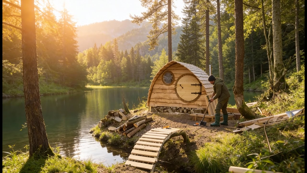 Building a tiny wooden hideout near the river in the forest