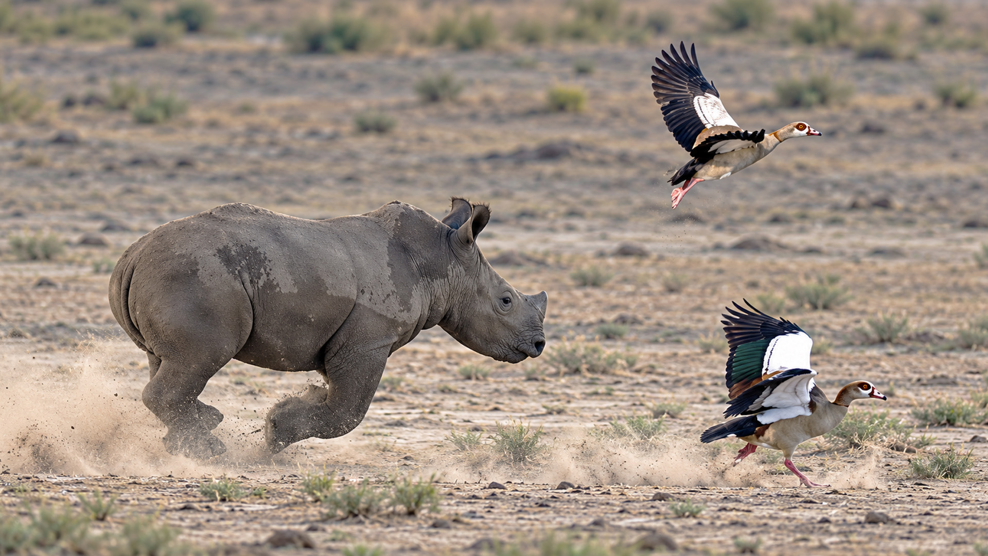 Young rhino charging and trying to attack flocks of birds