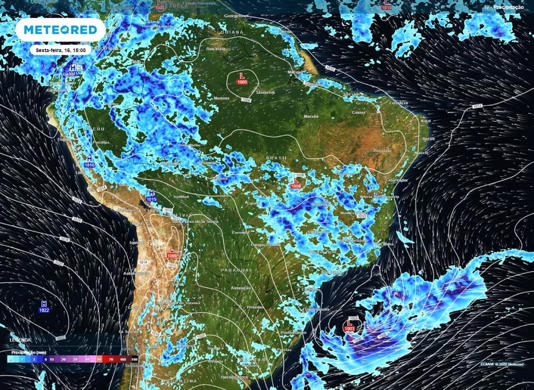Precipita��o prevista para a tarde desta sexta-feira (16). Juntamente com as is�baras mostrando a localiza��o do ciclone extratropical.