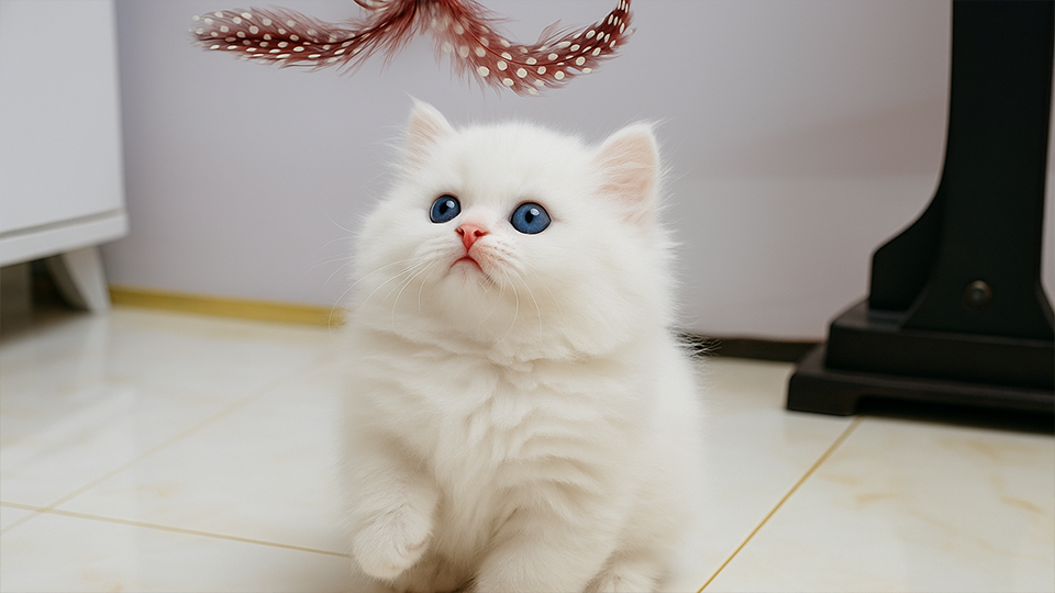 White kitten watches a feather float above
