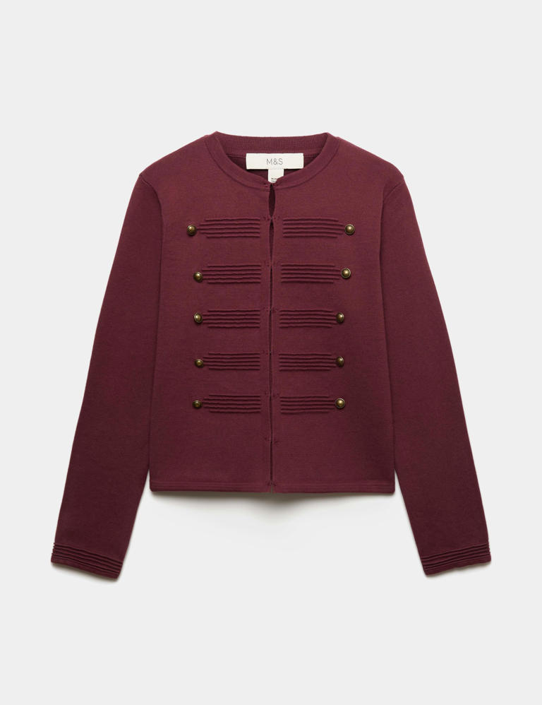 M&S’s £45 burgundy knitted jacket is the military-style layer you’ll ...