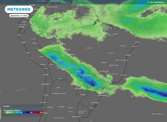 Canal de umidade organizado por presen�a de cavado atmosf�rico sobre �reas do Sudeste do Brasil na tarde desta quarta-feira (14).