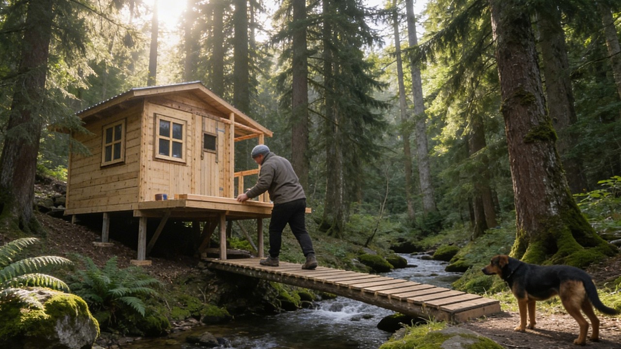 Building a cabin over a river with a hanging bridge | Start to finish