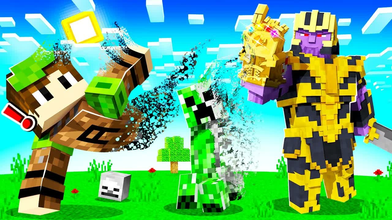 Fooling my friends as Thanos with the Infinity Gauntlet in Minecraft
