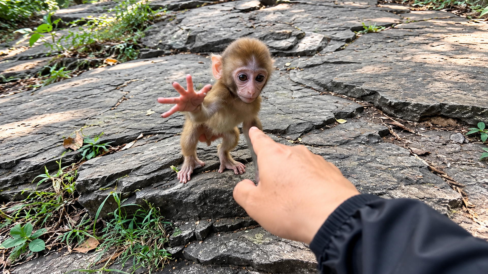 A curious baby monkey raises its hand during a close encounter